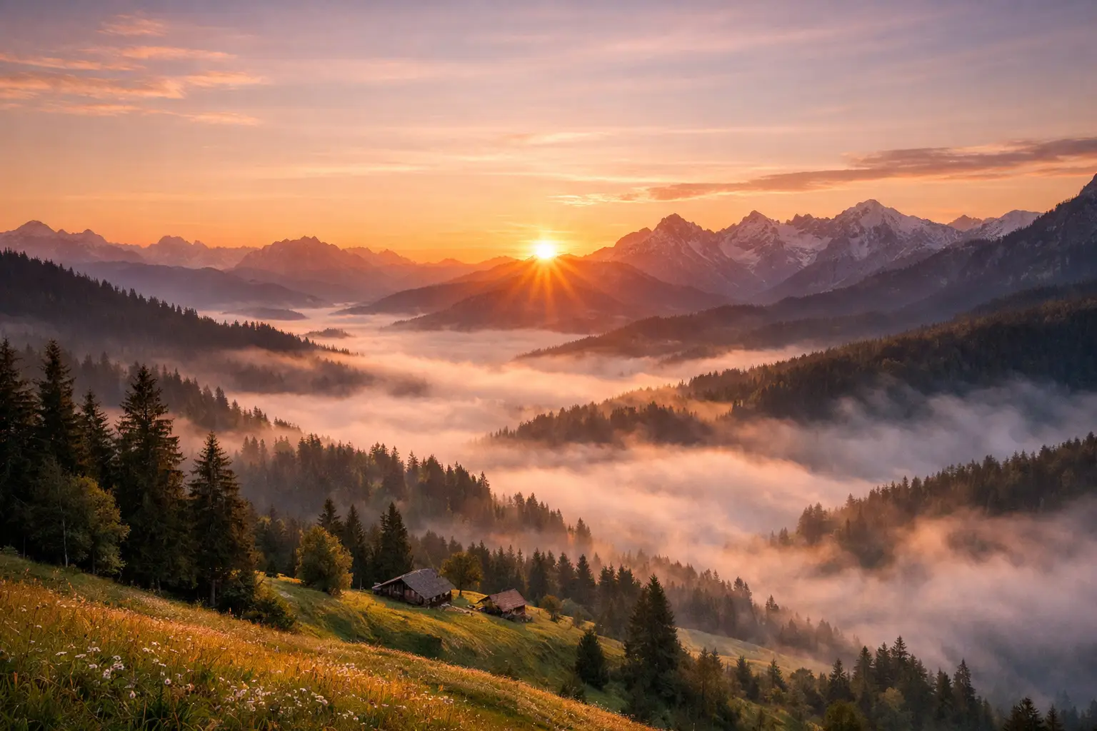 Sunrise over a mist-filled valley surrounded by forested hills and distant snow-capped mountains