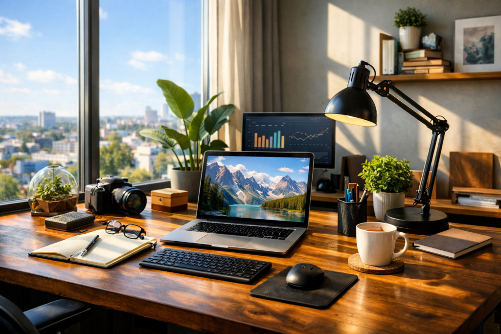 Home office desk with laptop showing mountain landscape, keyboard, mouse, camera, plants, notebook, lamp, and coffee cup